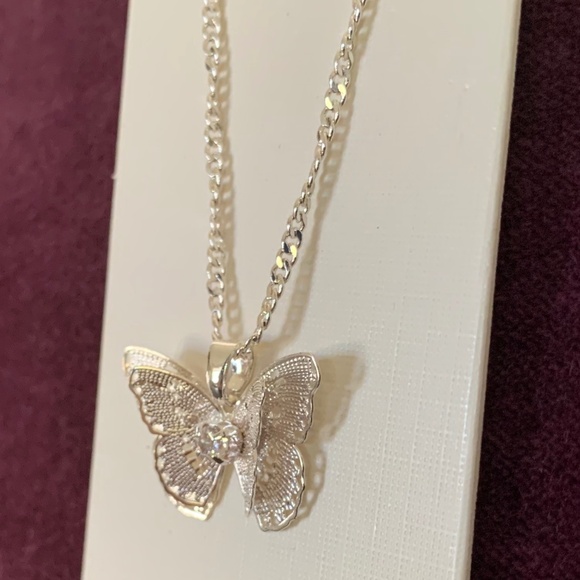 Silver Tone Butterfly Necklace with Cubic Zirconia Accent – New on Card - Picture 1 of 6